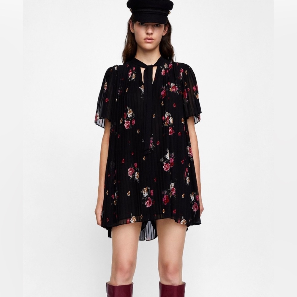 Zara Pleated Black Floral Romper Dress